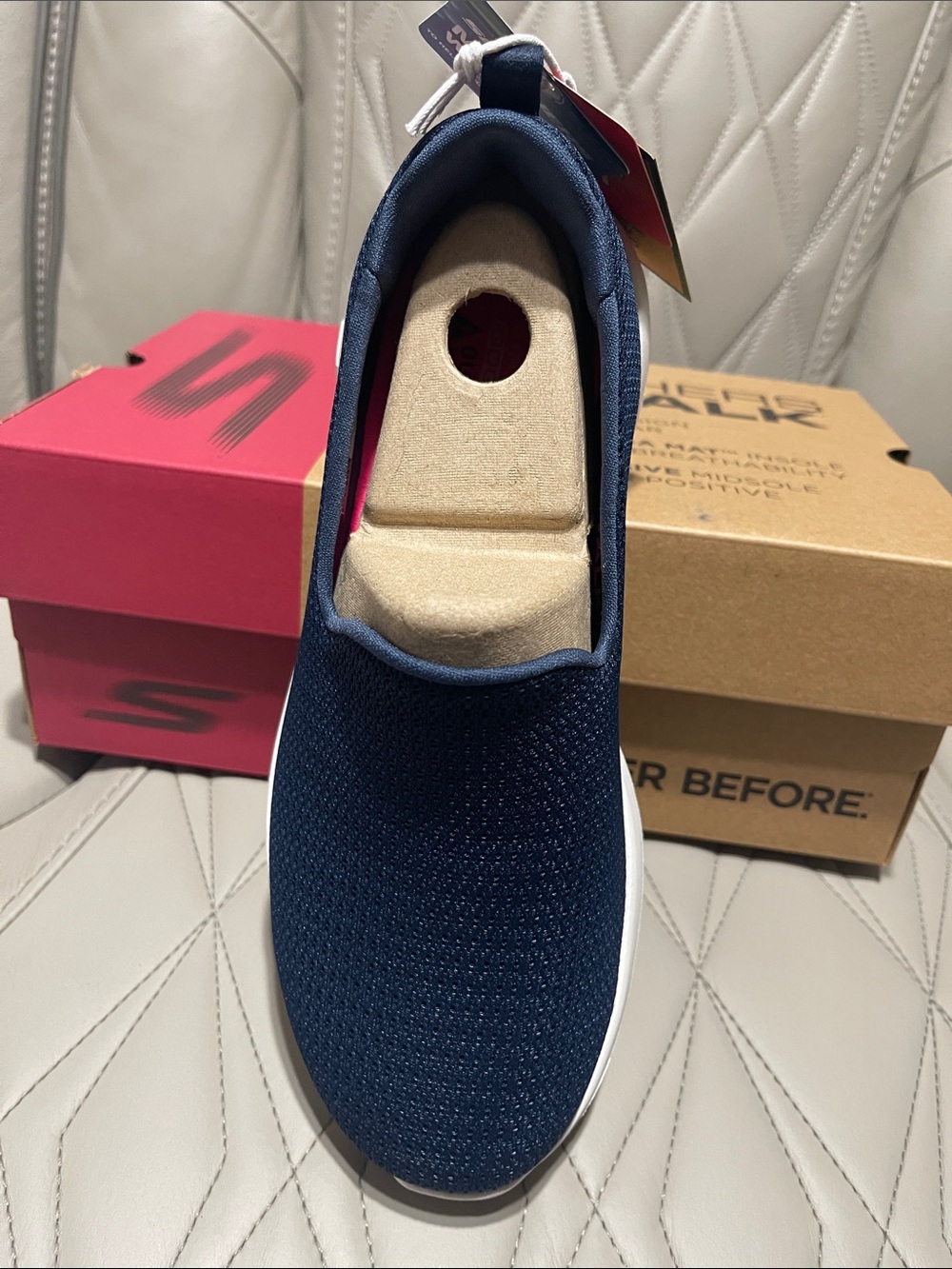 Skechers Navy Slip-On Memory Foam Walking Sneakers with White Sole - Picture 6 of 11